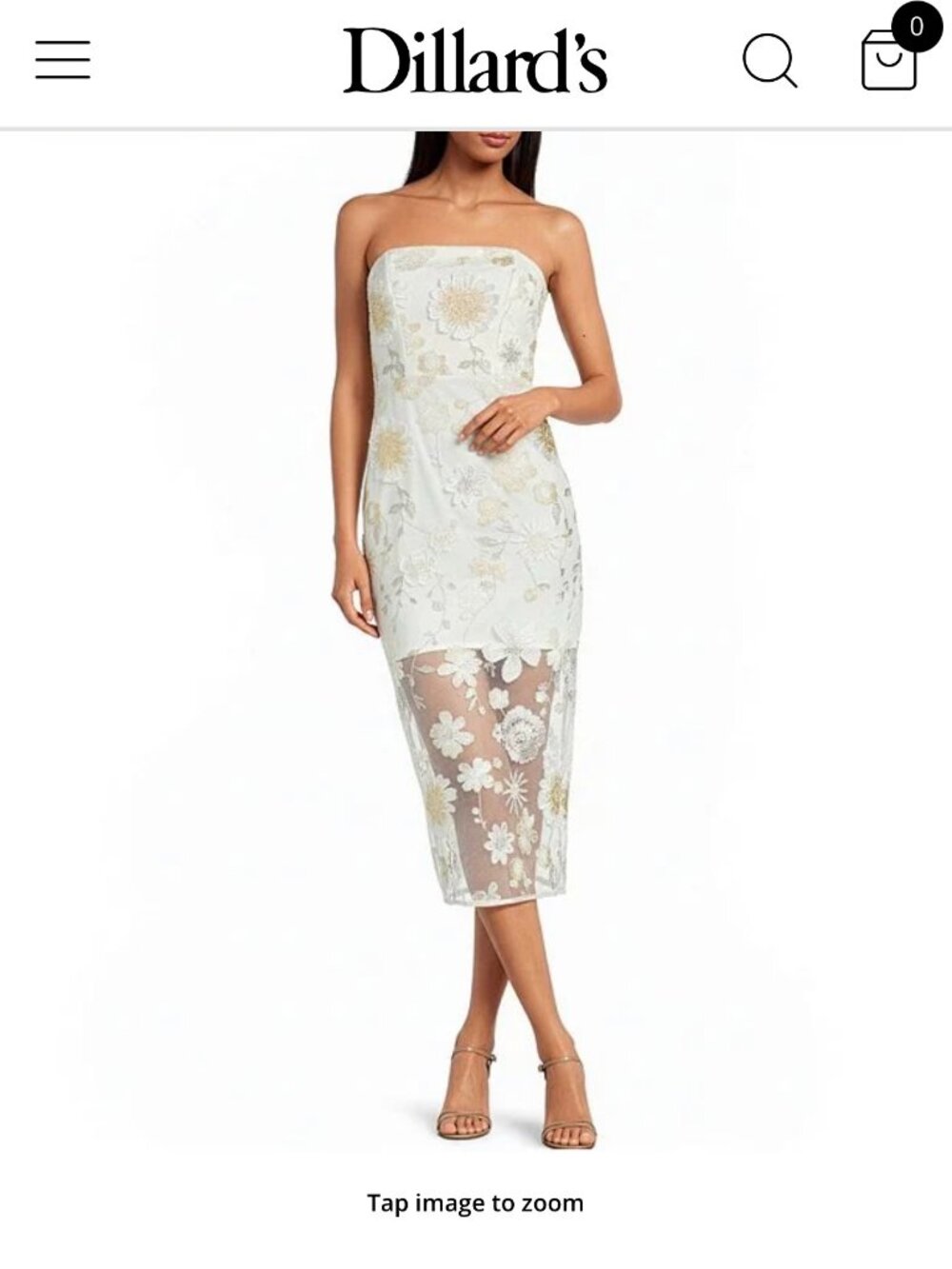 Sam Edelman Embroidered Mesh 3D Floral Applique Strapless Sheath Midi Dress